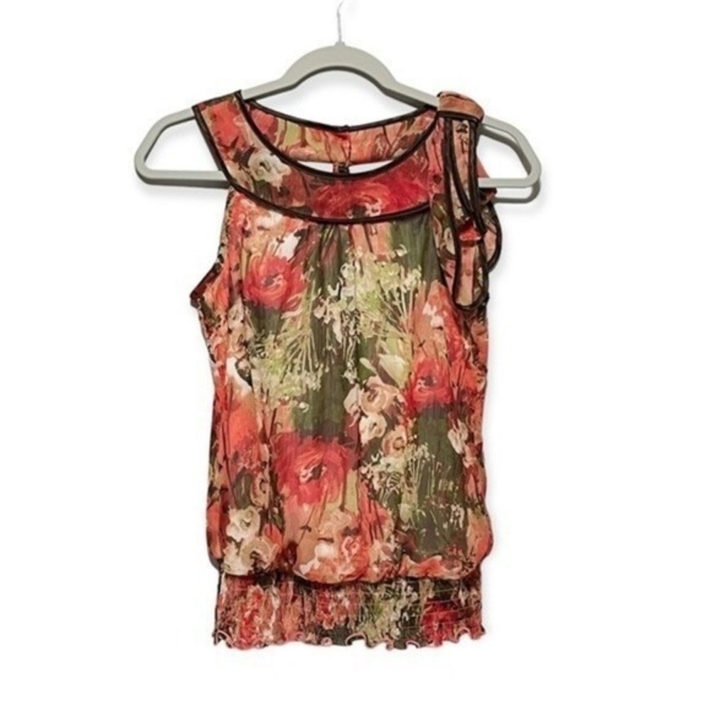 Byline Ever California Floral Poppy Blouse Red Green Smocked Hem Medium
